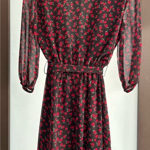 Red snd Black floral georgette midi dress